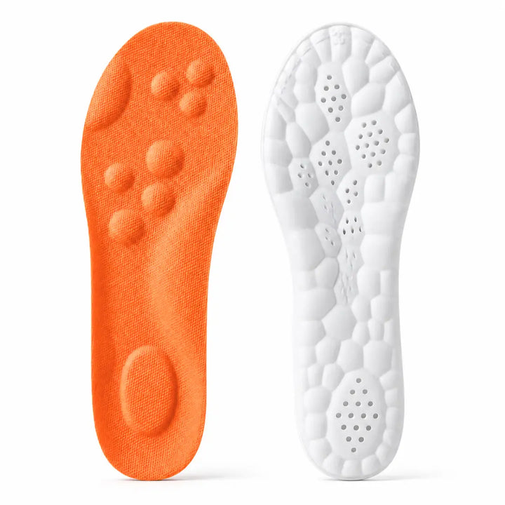 Orange insole top with raised massage nodes and a white underside with a honeycomb cushion pattern and ventilation holes.