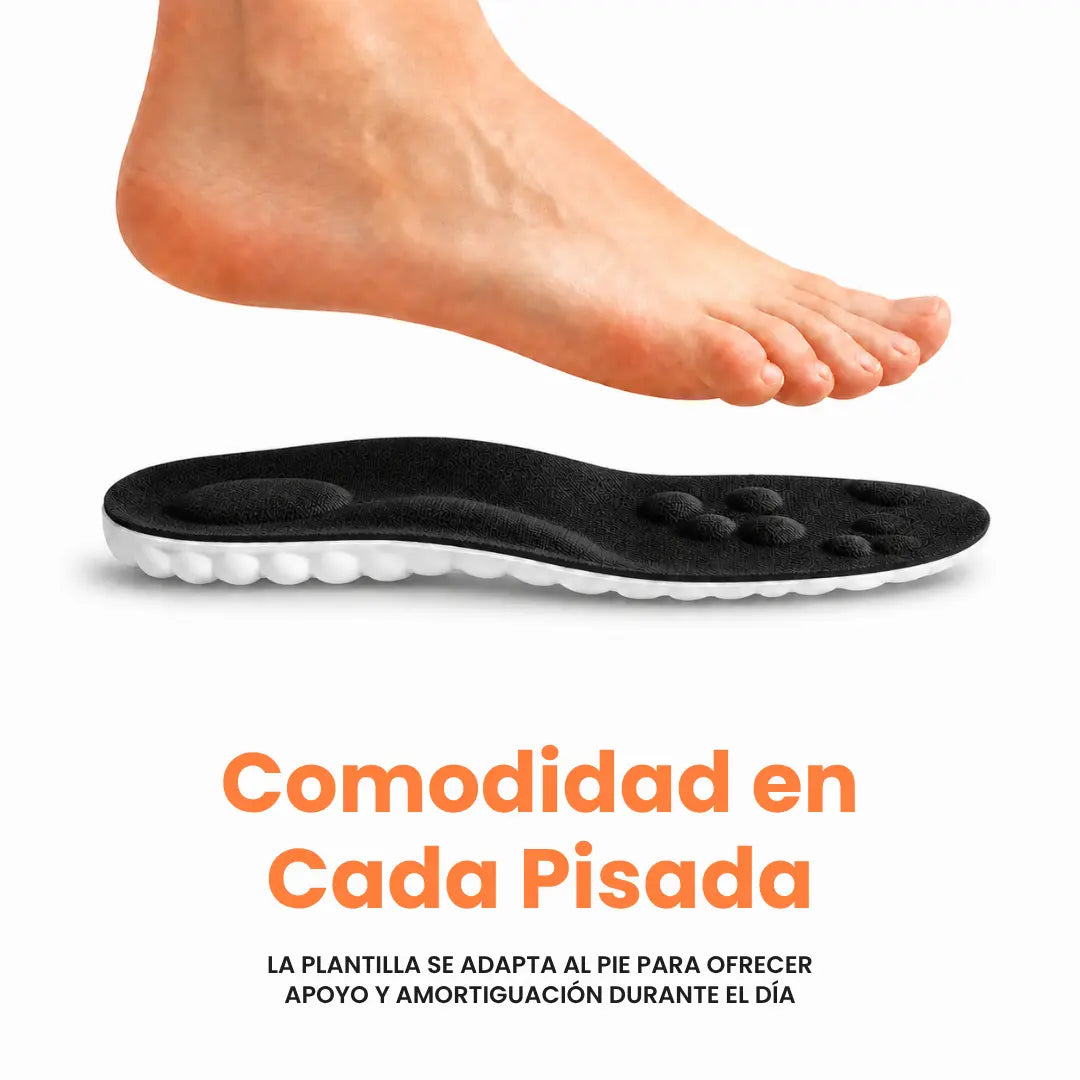 A bare foot hovering above a black insole in side view, showing the white cushioned underside and raised nodes on top.
