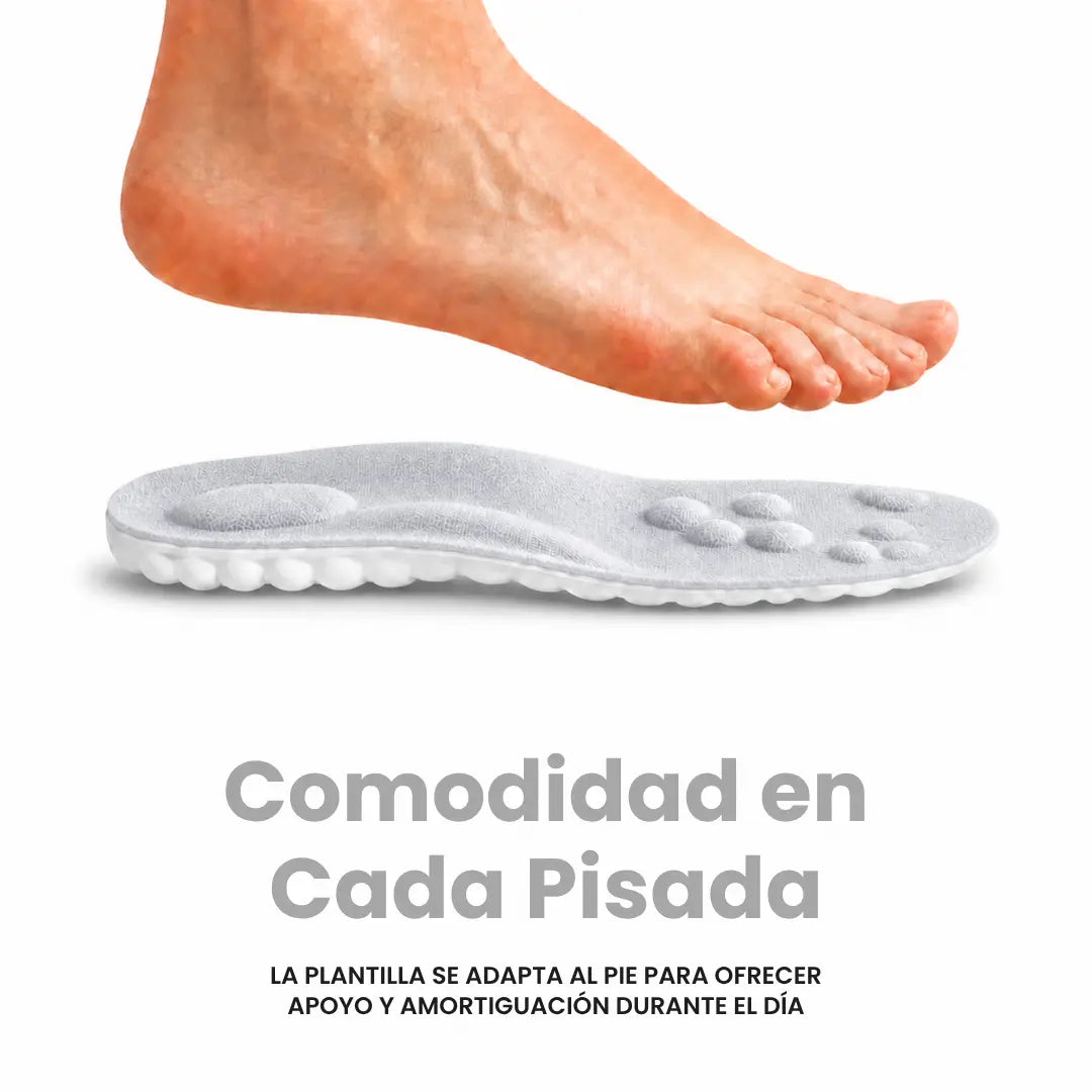 A bare foot hovering above a gray insole in side view, showing the cushioned white underside and raised nodes on top.