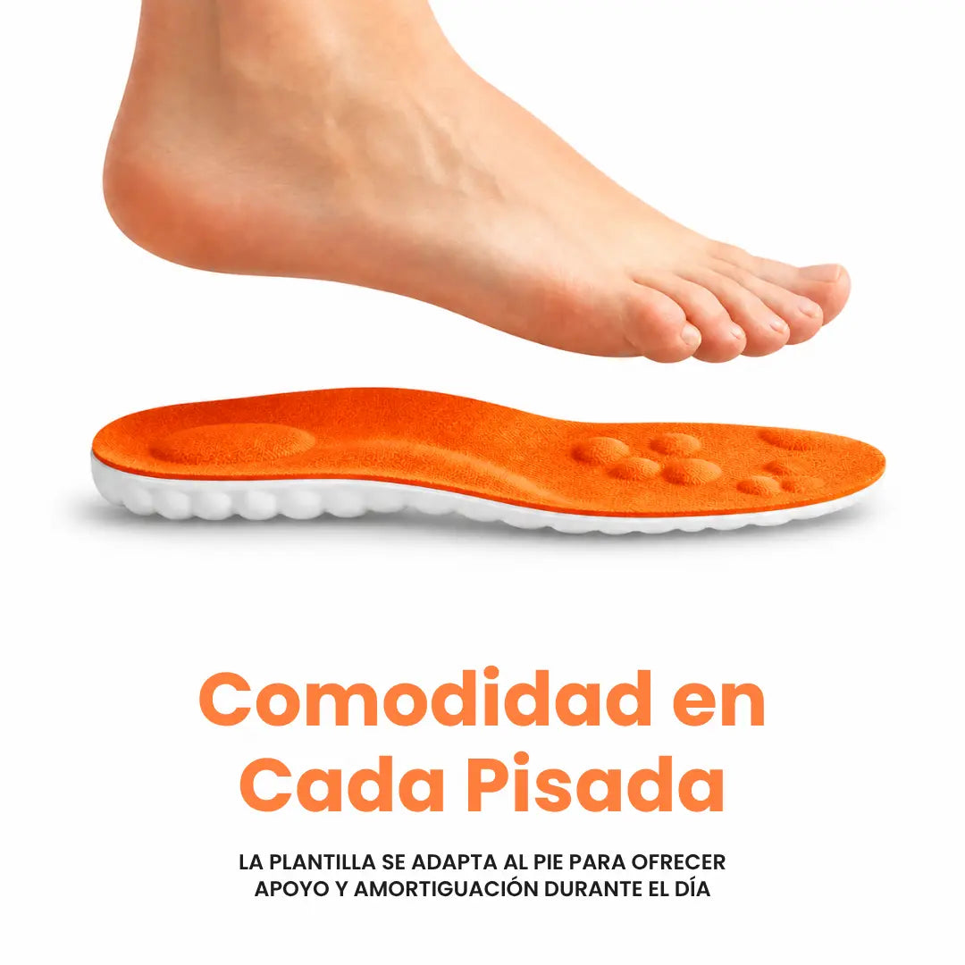 A bare foot hovering above an orange insole in side view, showing the white cushioned underside and raised nodes on top.