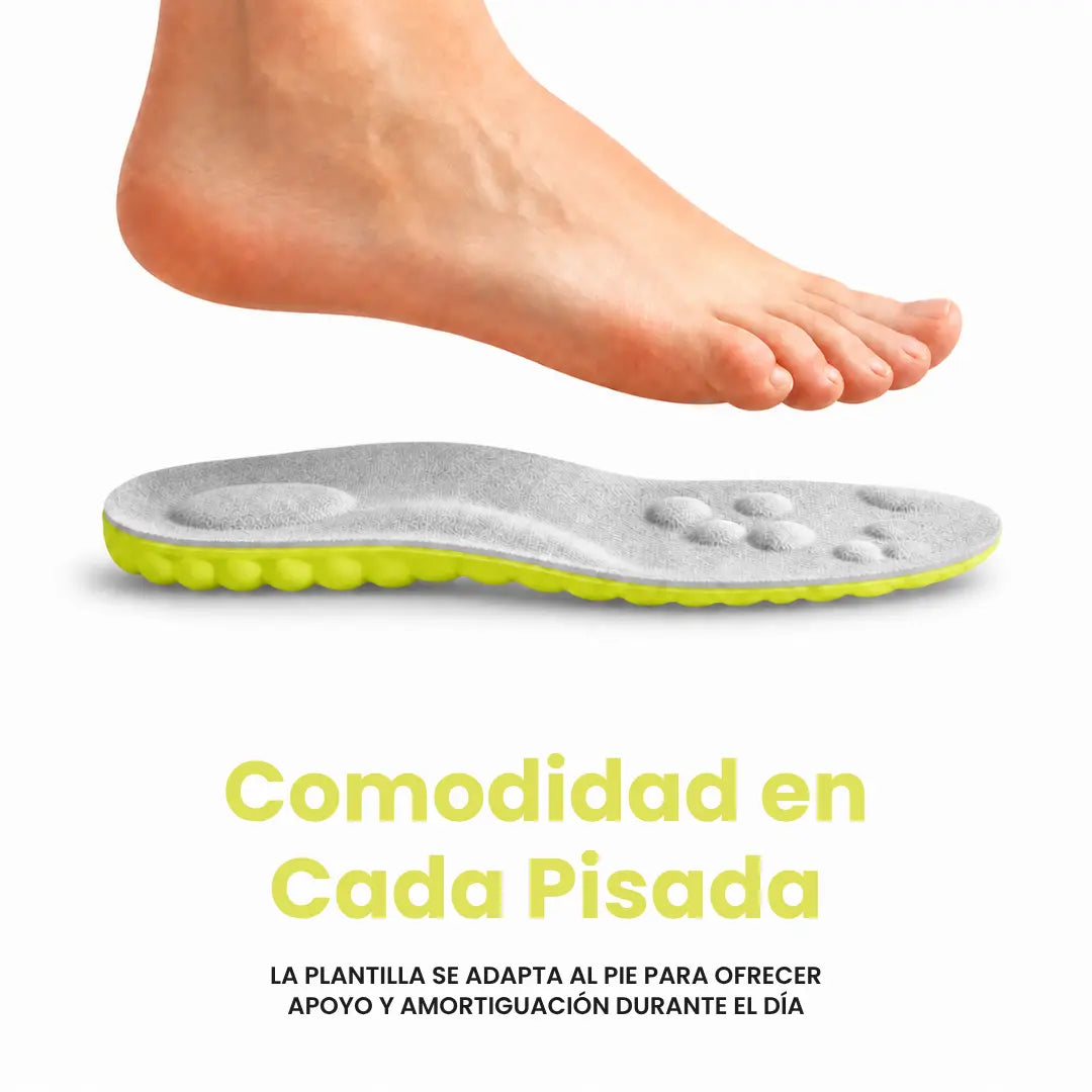 A bare foot hovering above a gray insole in side view, showing the lime-green cushioned underside and raised nodes on top.