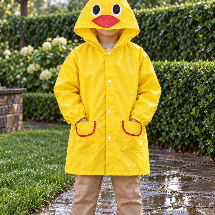 Child in the yellow duck-hood raincoat standing on a wet garden path, rain beading on the glossy snap-front jacket. 1