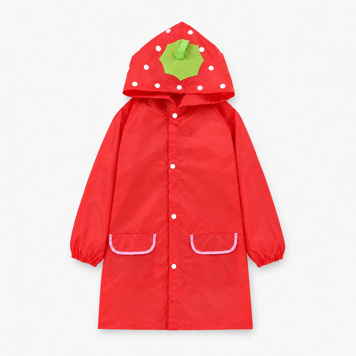 Red strawberry raincoat with white-dotted hood and green leaf top, pink-trimmed pockets and snap buttons, shown flat. 10