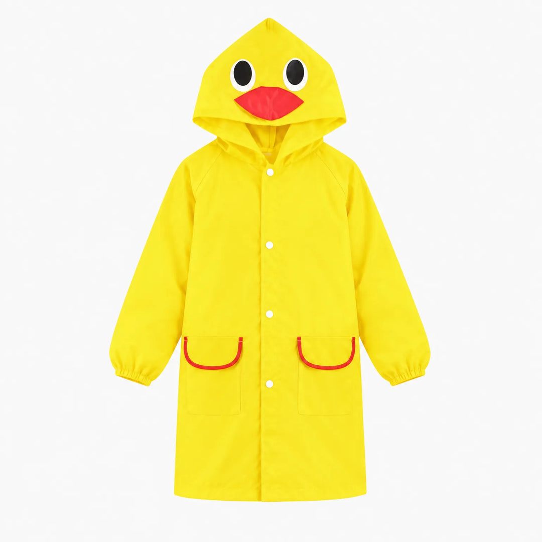 Yellow duck raincoat with a red beak and round eyes on the hood, red-trimmed pockets, shown flat on white. 11