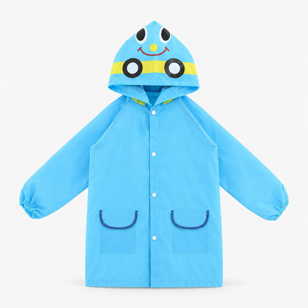 Blue raincoat with a smiling car-face hood laid flat, showing snap buttons, two pockets and elastic cuffs. 2