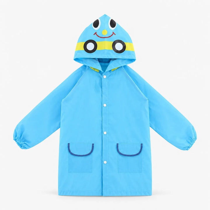 Blue raincoat with a smiling car-face hood laid flat, showing snap buttons, two pockets and elastic cuffs. 2
