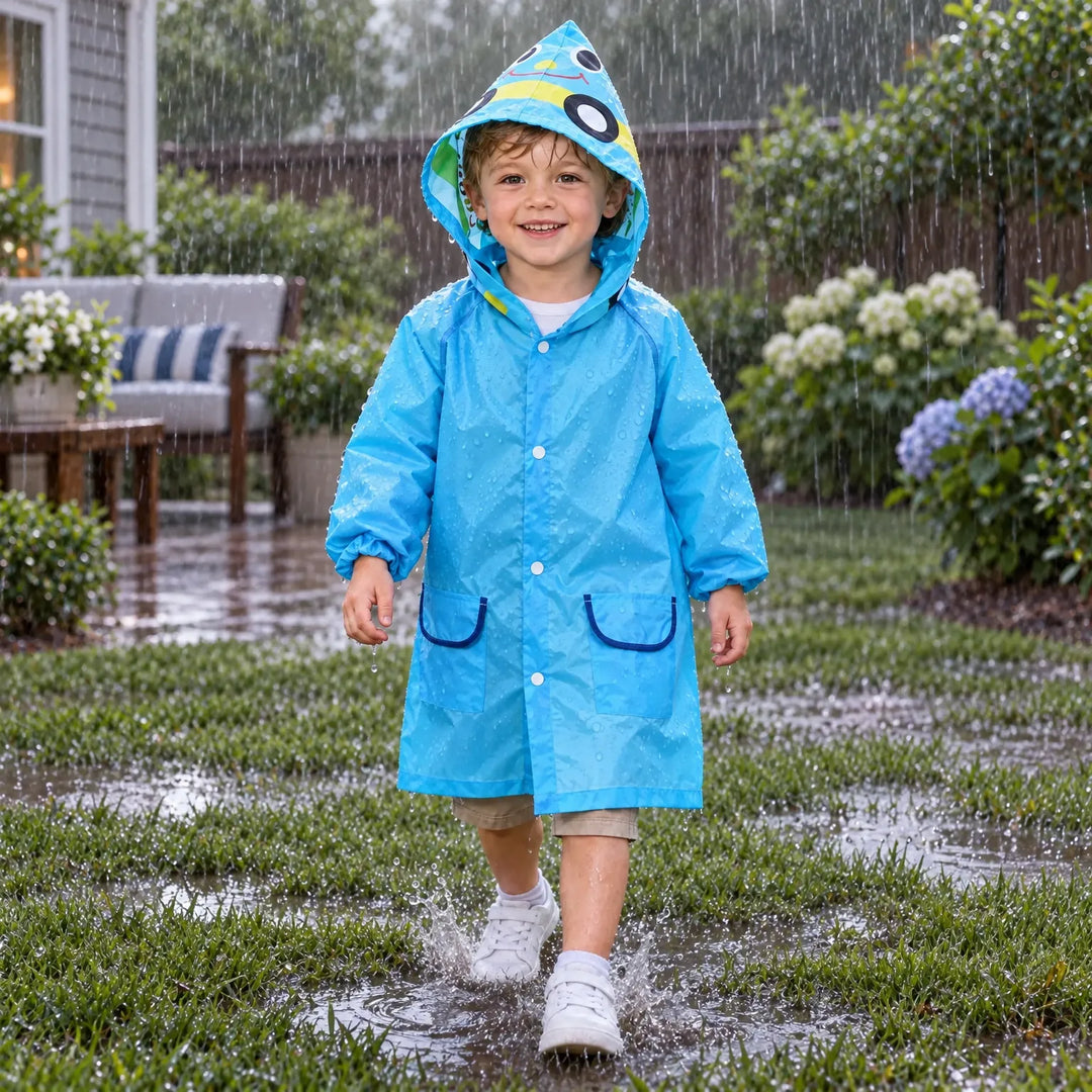 Smiling boy splashing through a puddle in the blue car-face raincoat with hood up during a rainstorm. 3