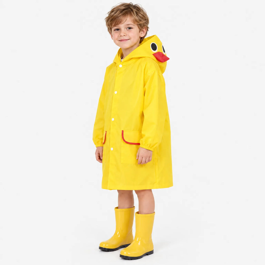 Boy in the yellow duck raincoat and yellow rain boots, side view showing the 3D red beak on the hood. 5