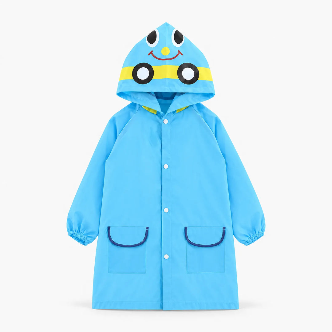 Blue car-face raincoat on a plain background, front view with hood up, snap closure, pockets and elastic cuffs. 7