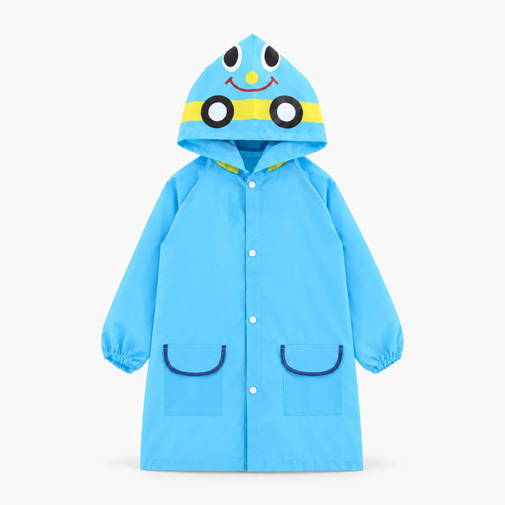 Blue car-face raincoat on a plain background, front view with hood up, snap closure, pockets and elastic cuffs. 7