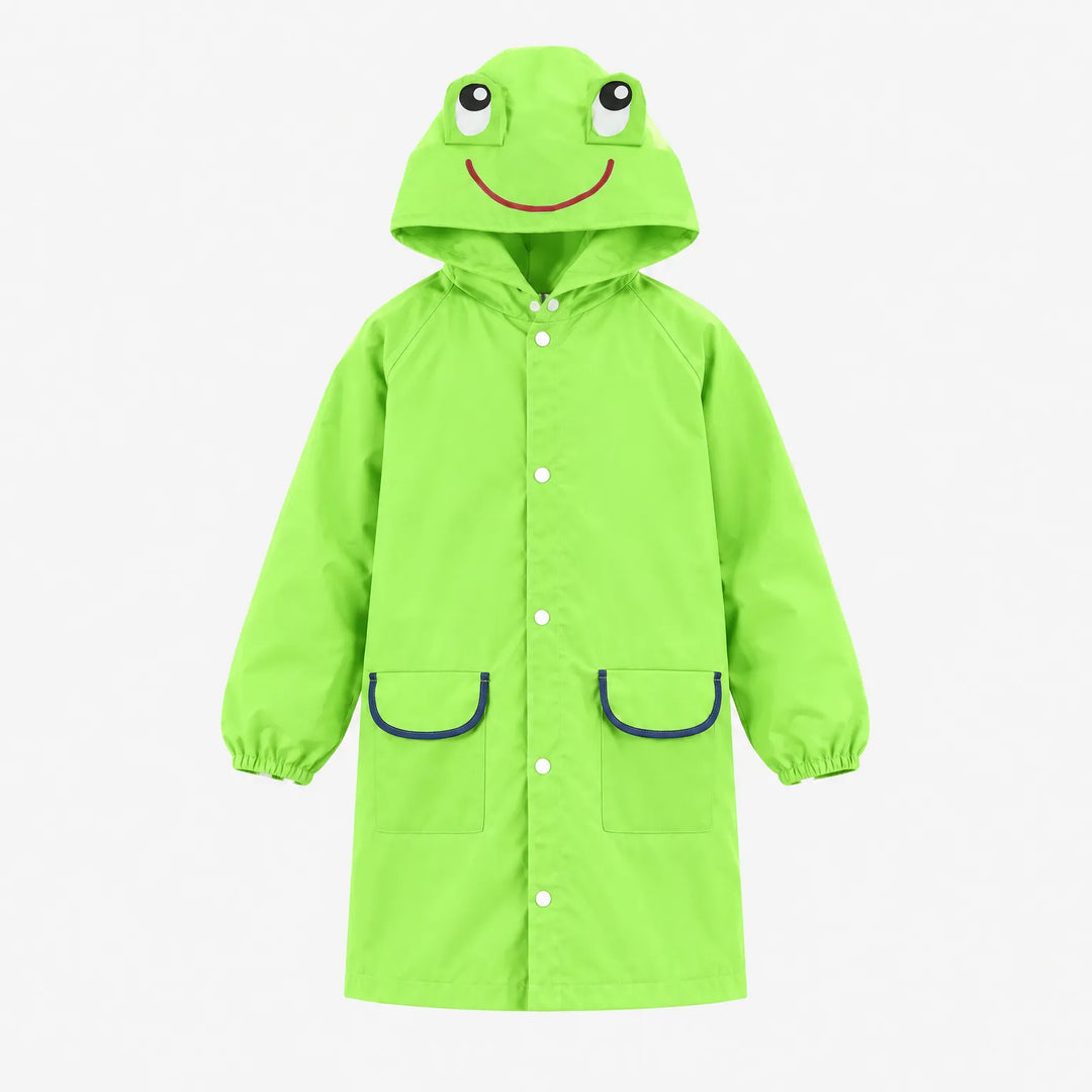 Bright green raincoat with a smiling frog-face hood and raised eyes, shown flat with snap front and two pockets. 8