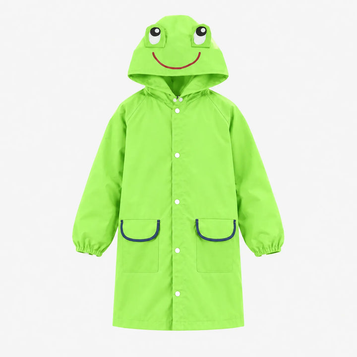 Bright green raincoat with a smiling frog-face hood and raised eyes, shown flat with snap front and two pockets. 8