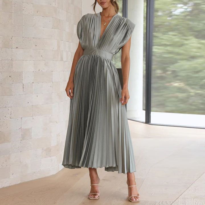 Pleated Midi Dress With V-Neckline - Sandy
