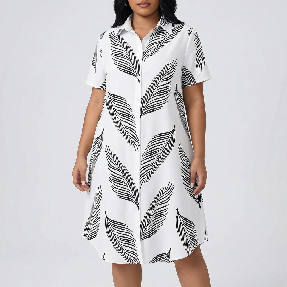 Plus Size Collared Leaf Print Dress - Marion