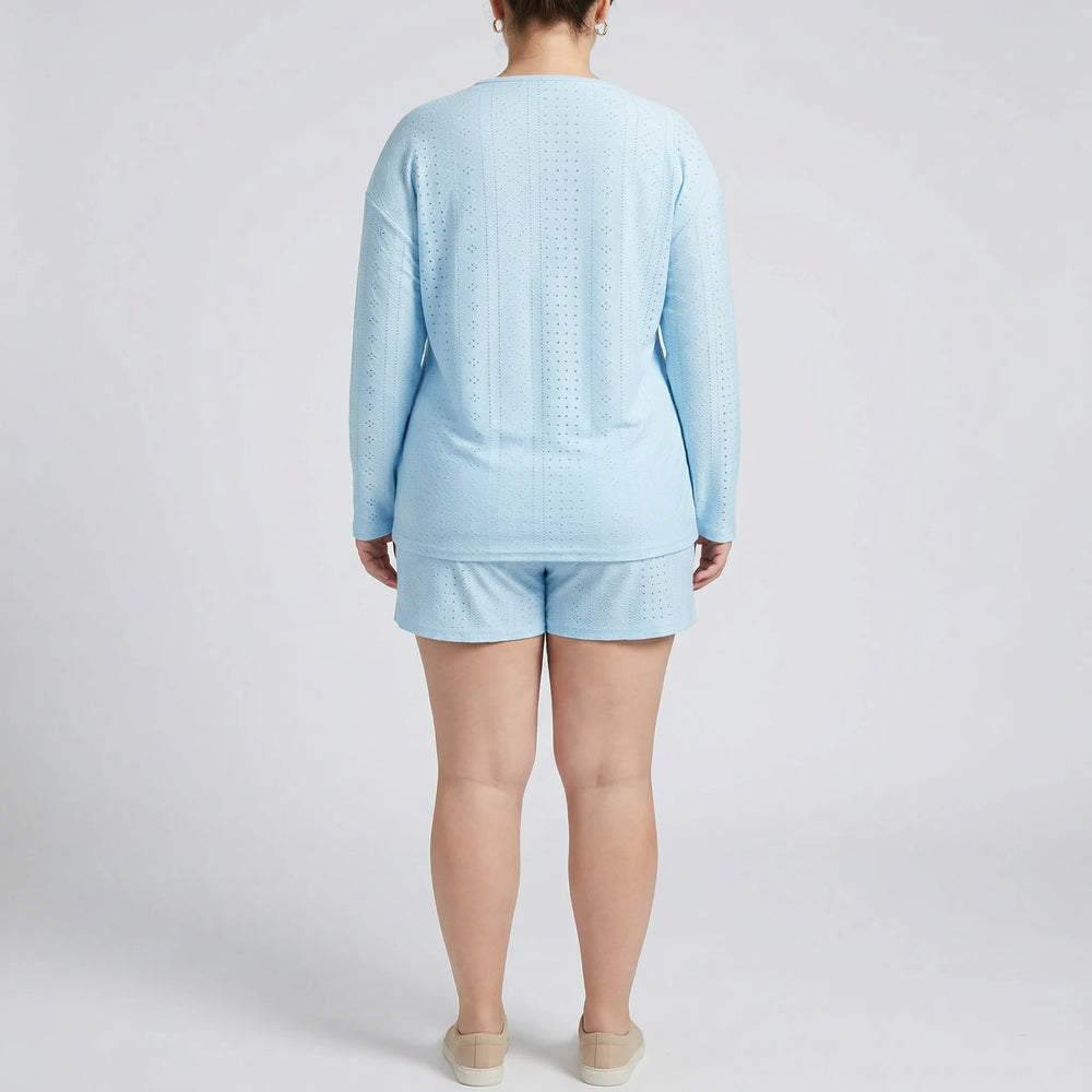 Plus Size Crew Neck Long Sleeve Top And Shorts Set - Charlene