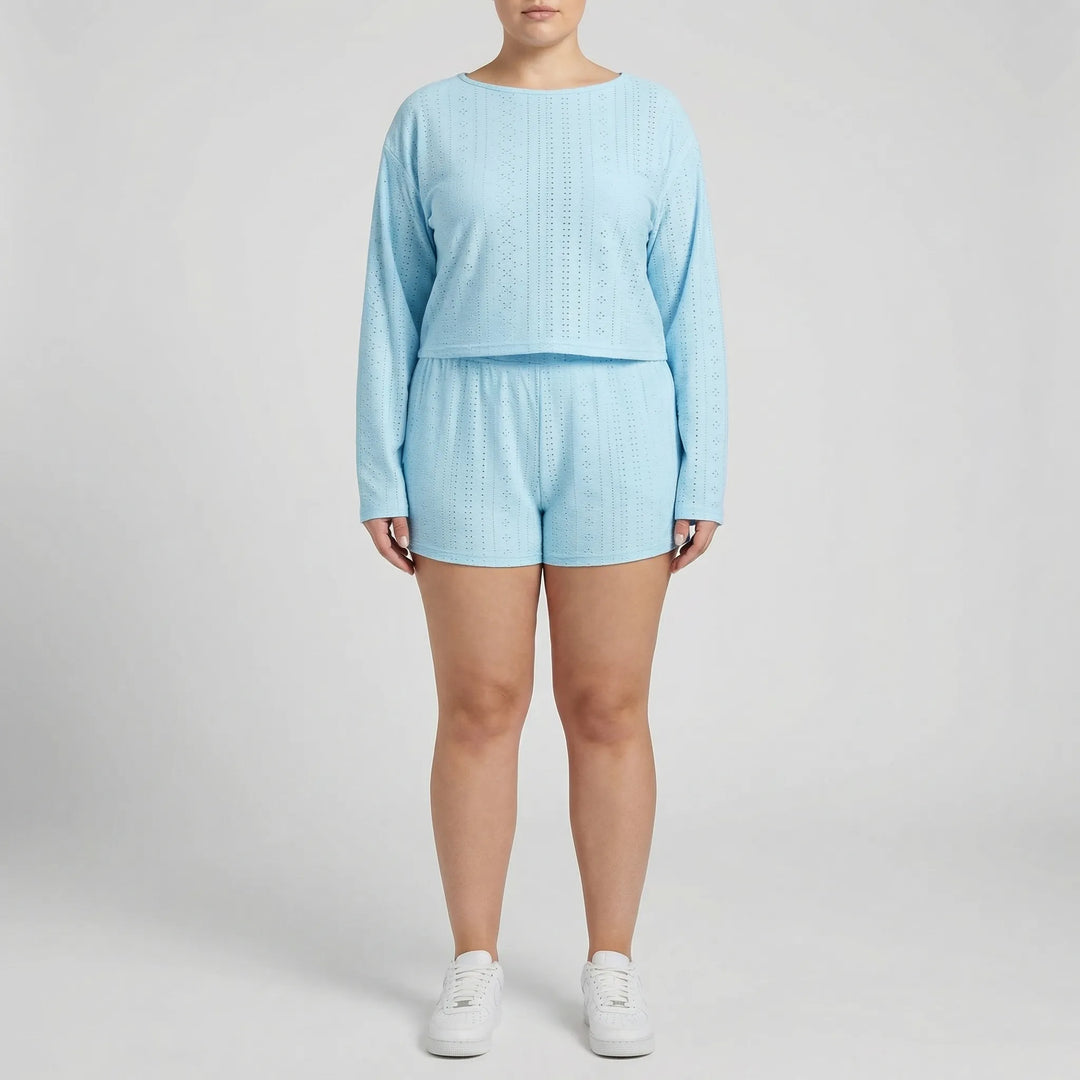 Plus Size Crew Neck Long Sleeve Top And Shorts Set - Charlene