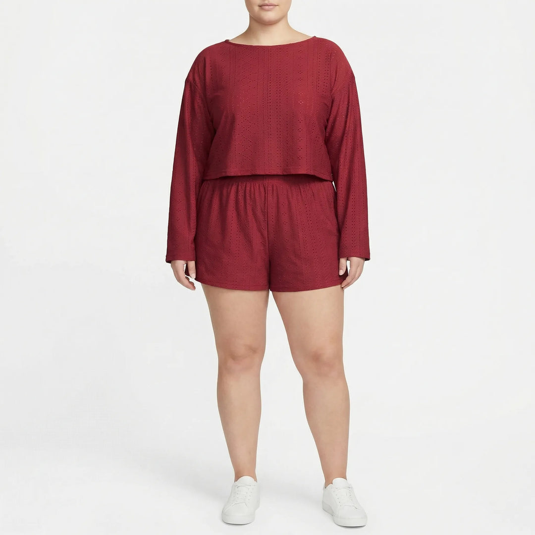 Plus Size Crew Neck Long Sleeve Top And Shorts Set - Charlene