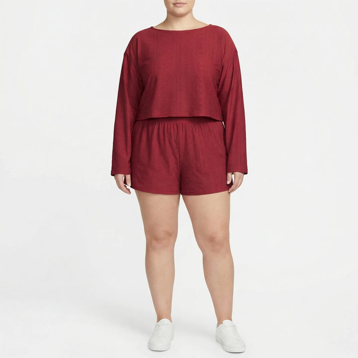 Plus Size Crew Neck Long Sleeve Top And Shorts Set - Charlene
