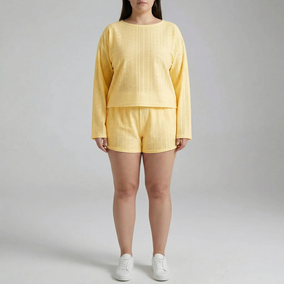 Plus Size Crew Neck Long Sleeve Top And Shorts Set - Charlene