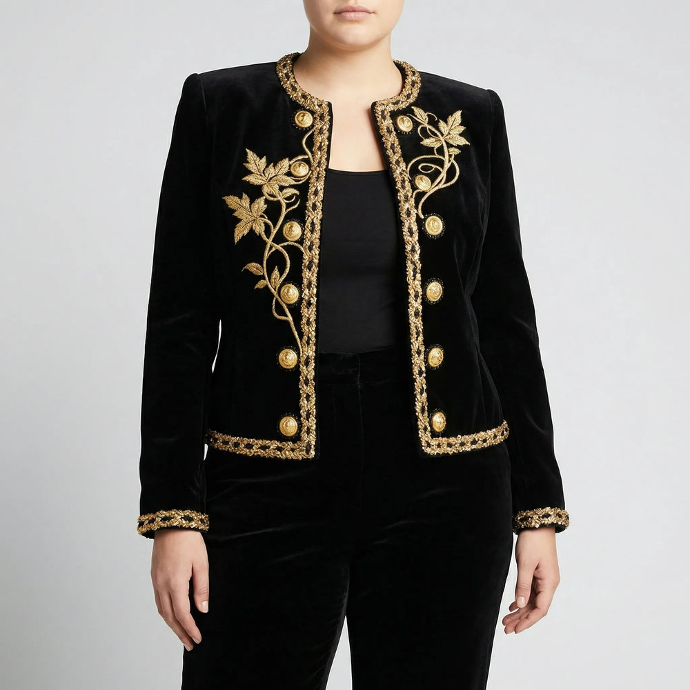 Plus Size Embroidered Velvet Button-Up Coat - Charlotte