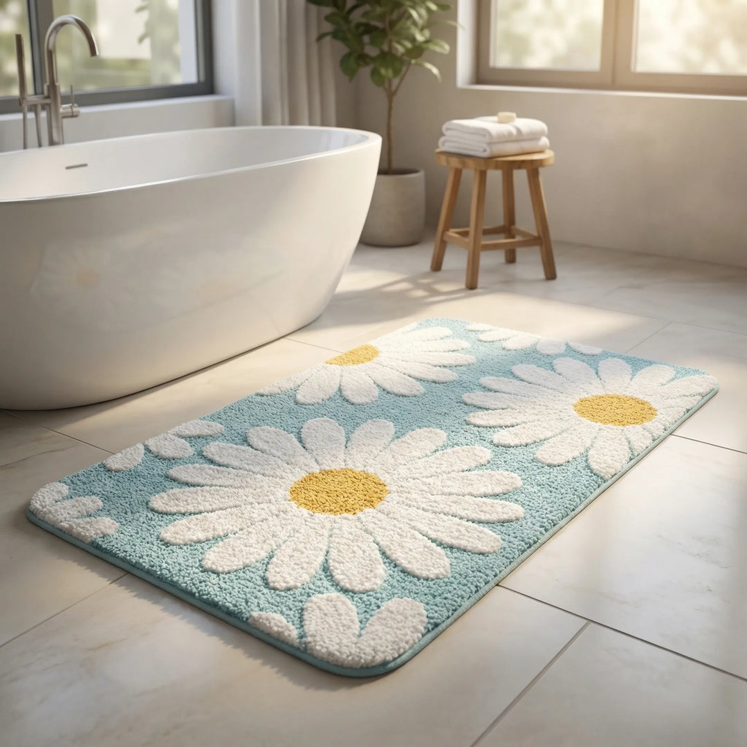 Plush Bath Mat With Daisies - Blumora
