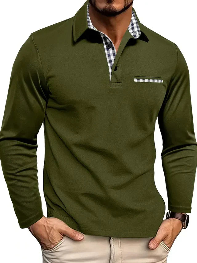 Men's long sleeve polo in olive green with gingham-lined collar and placket and a checkered chest pocket, another view.