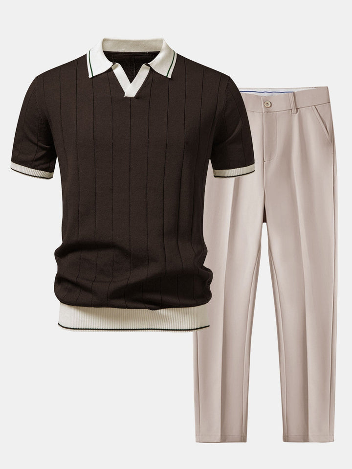 Flat lay of a dark brown ribbed knit polo with cream trim beside light beige tapered pants.