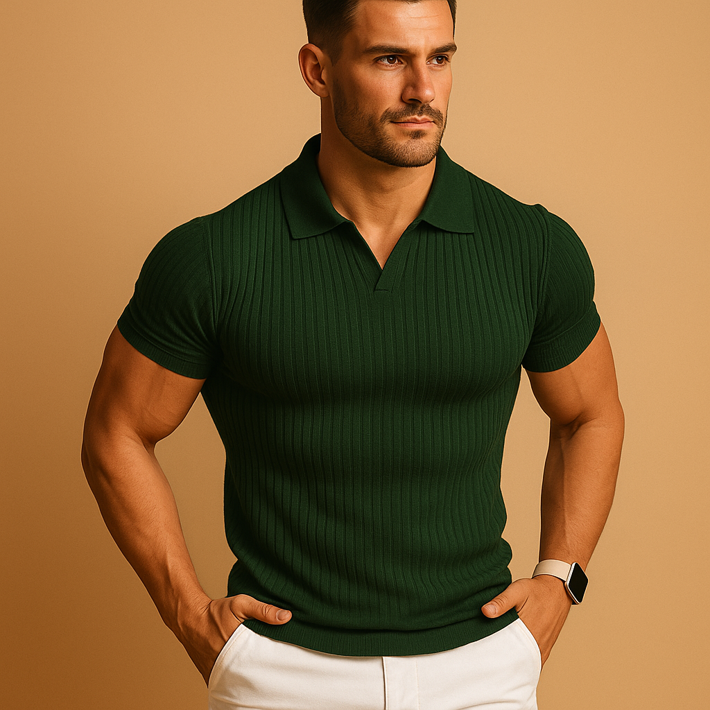 Men's polo shirt in dark green ribbed knit with an open V-neck collar, another view.