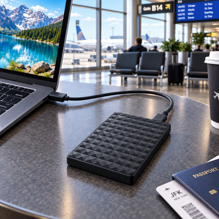 Black portable external hard drive connected to an open laptop on an airport lounge table