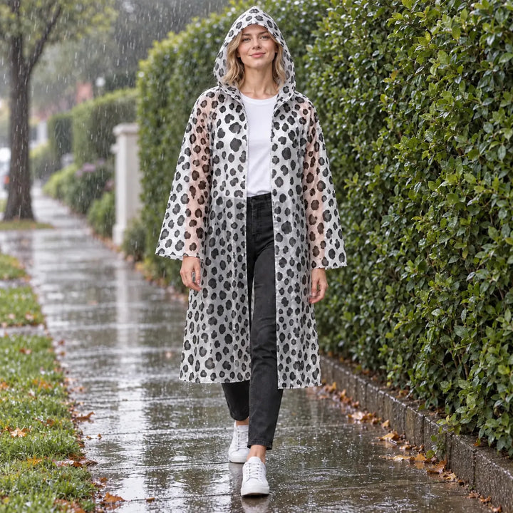 Woman walking down a rainy sidewalk in a translucent hooded raincoat with black leopard-style spots, worn open over a white tee. 1
