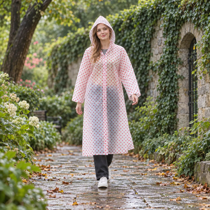 Smiling woman with the hood up walks a wet garden path in a translucent snap-front raincoat with red polka dots. 3