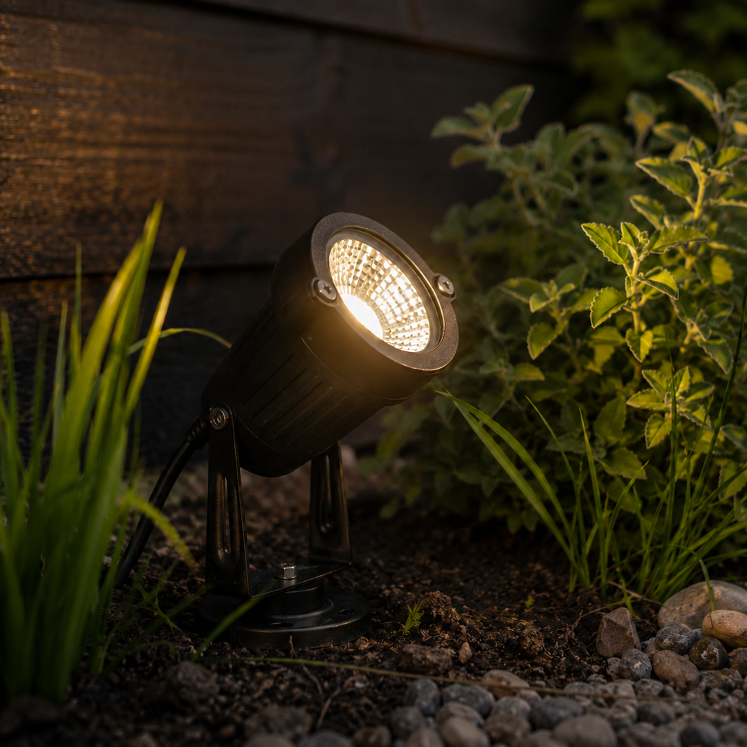 Black LED garden spotlight with ground base glowing in dark soil near pebbles and mint leaves.