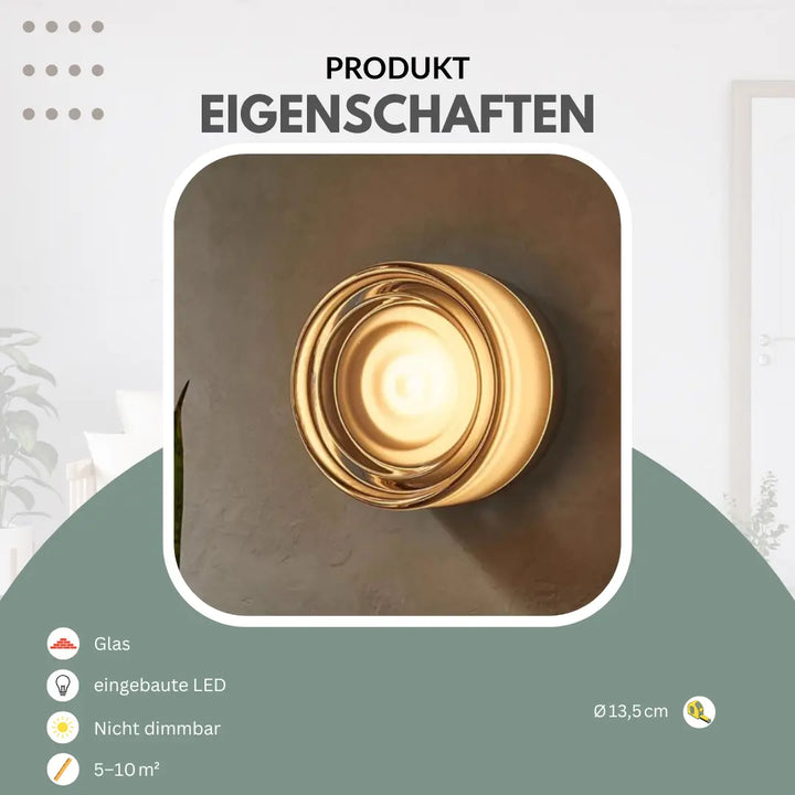 Product feature graphic showing the ringed glass wall light with icons for glass, built-in LED, non-dimmable and 13.5 cm size.