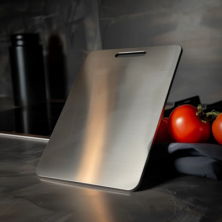 Metal cutting board leaning upright on a dark countertop beside ripe red tomatoes and a gray cloth, its handle slot visible. 2