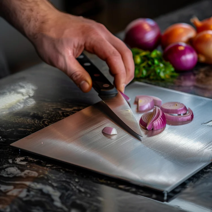Hand slicing a red onion with a black-handled knife on the brushed metal board, with more onions and herbs behind. 3