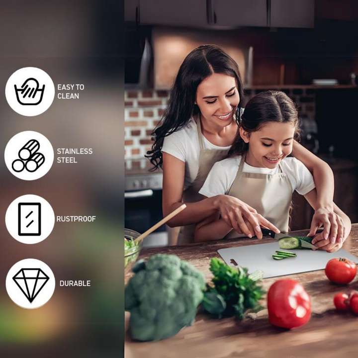 Mother and daughter in aprons slicing cucumber together on the board in a kitchen, with icons listing cleaning ease, rust resistance and durability. 5
