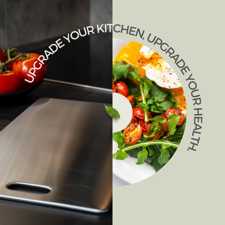 Split promotional image pairing the steel board's handle end beside tomatoes with a plated salad topped with a poached egg. 7