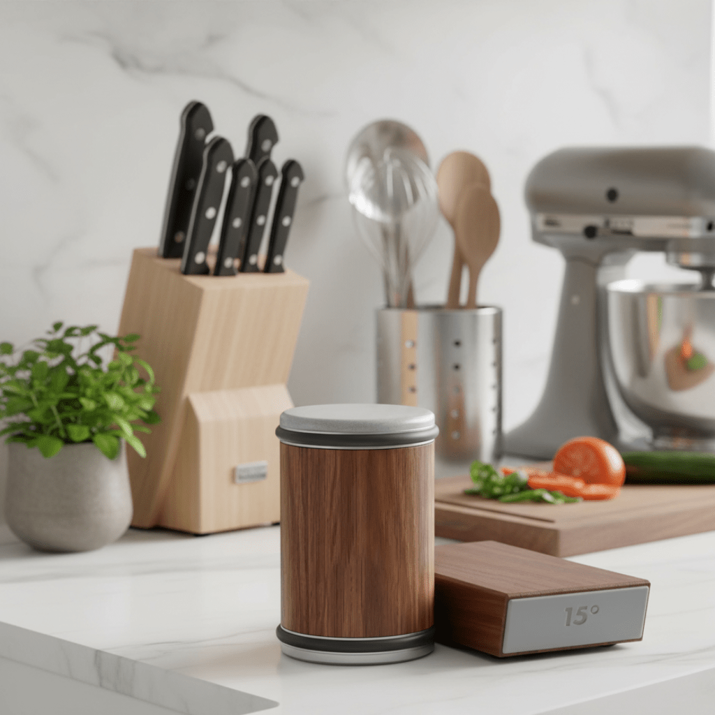 Wood-grain roller and angle block on a marble counter beside a knife block and utensils 2