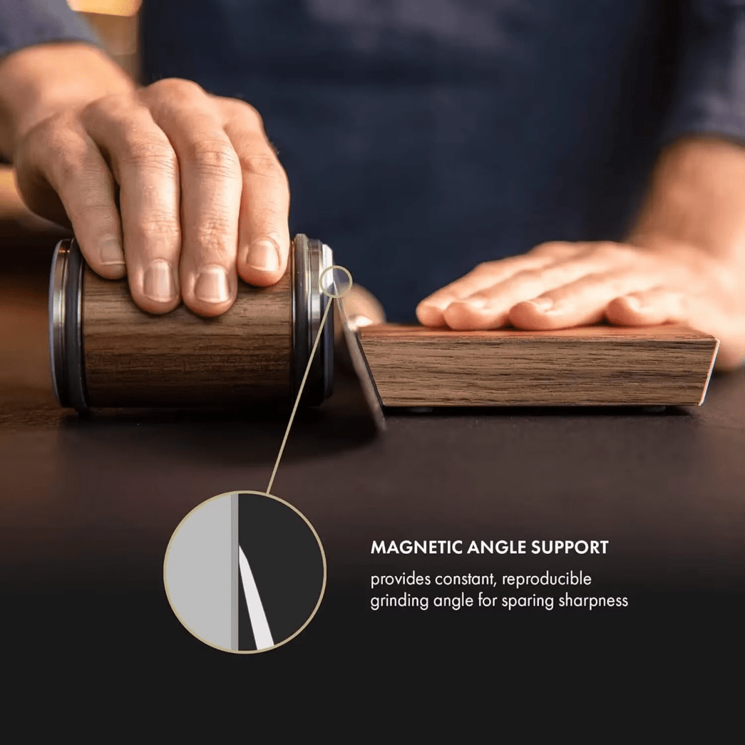 Hands rolling the wooden cylinder against a knife held on the angle block, with a magnified detail inset 4