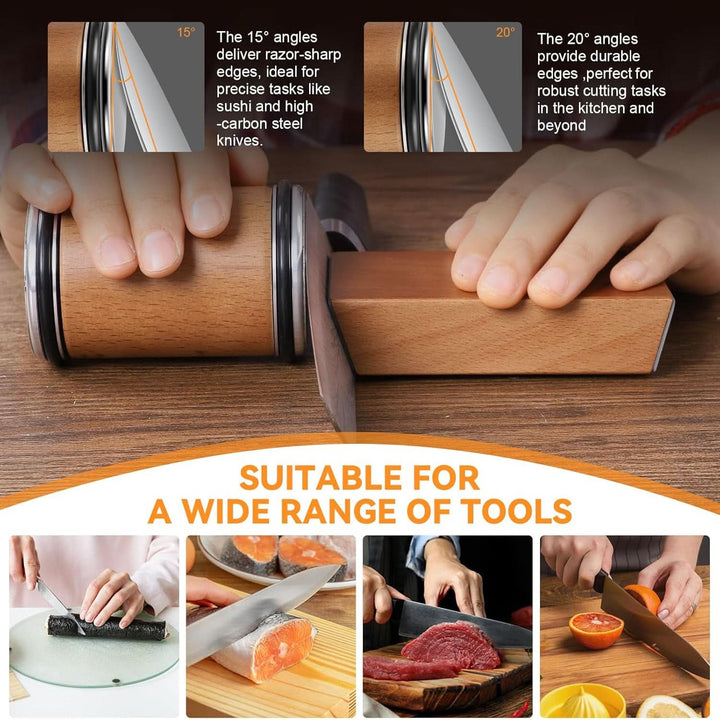 Rolling sharpener in use on a knife, with 15 and 20 degree angle diagrams and food-cutting examples 6