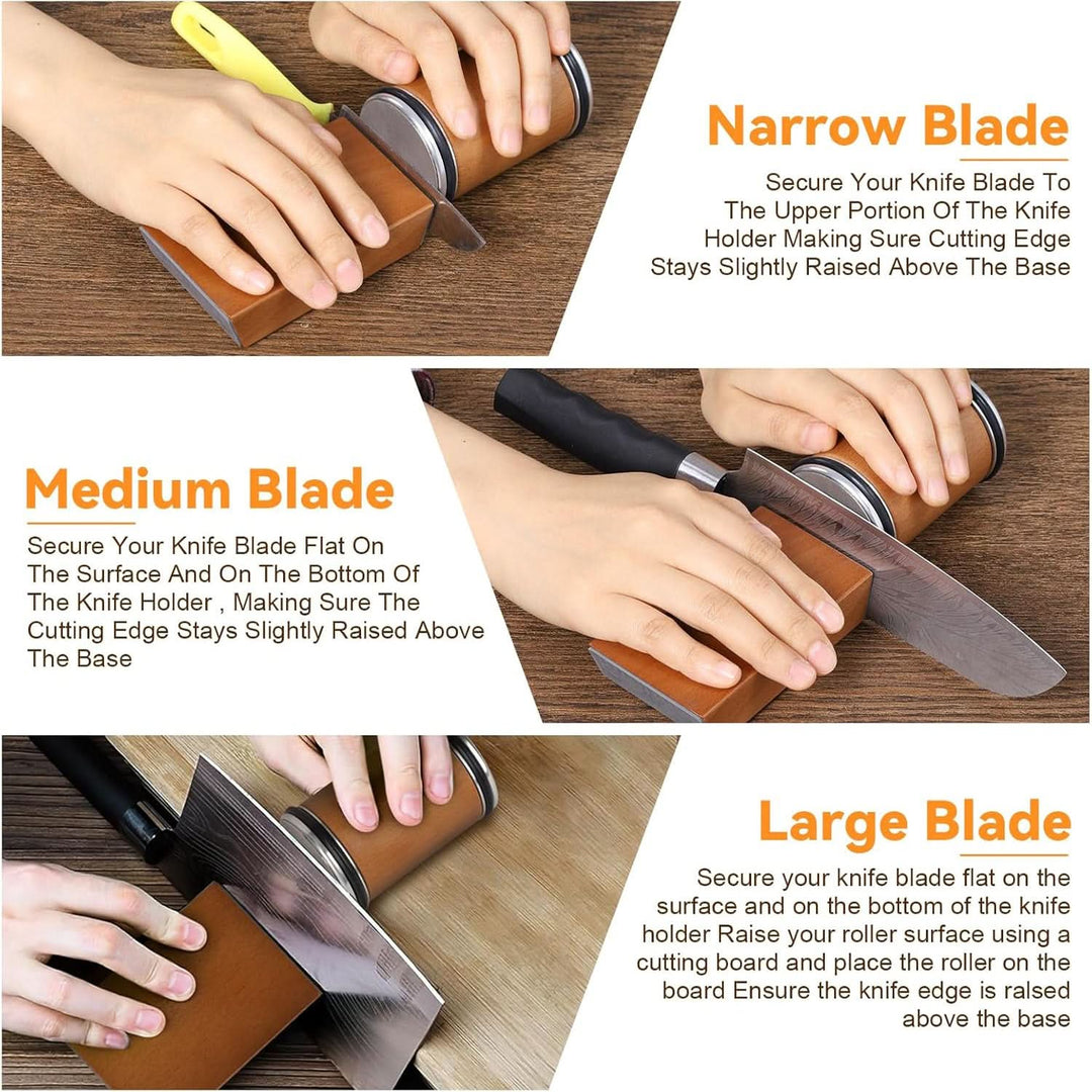 Three panels showing how to position narrow, medium and large knife blades on the sharpener 7