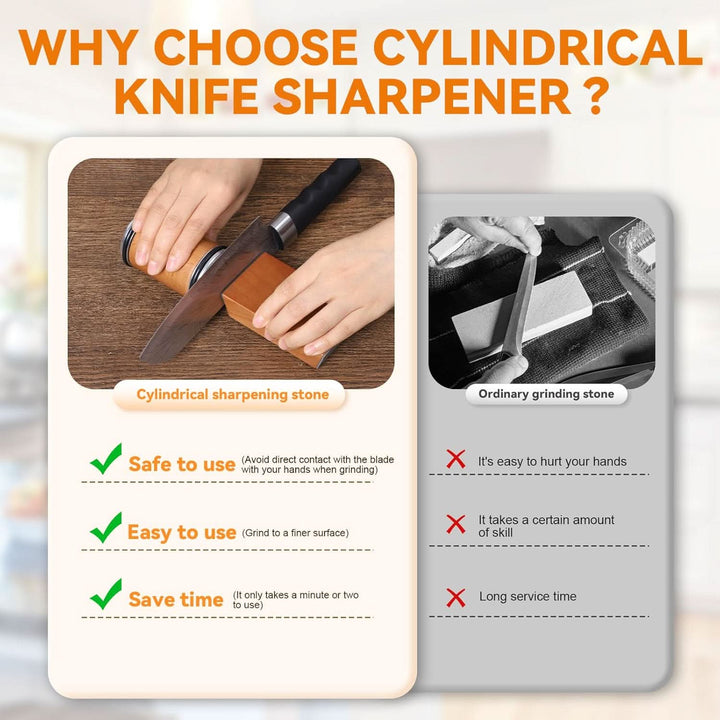 Comparison graphic of the cylindrical sharpener in use versus a traditional whetstone, listing pros and cons 8