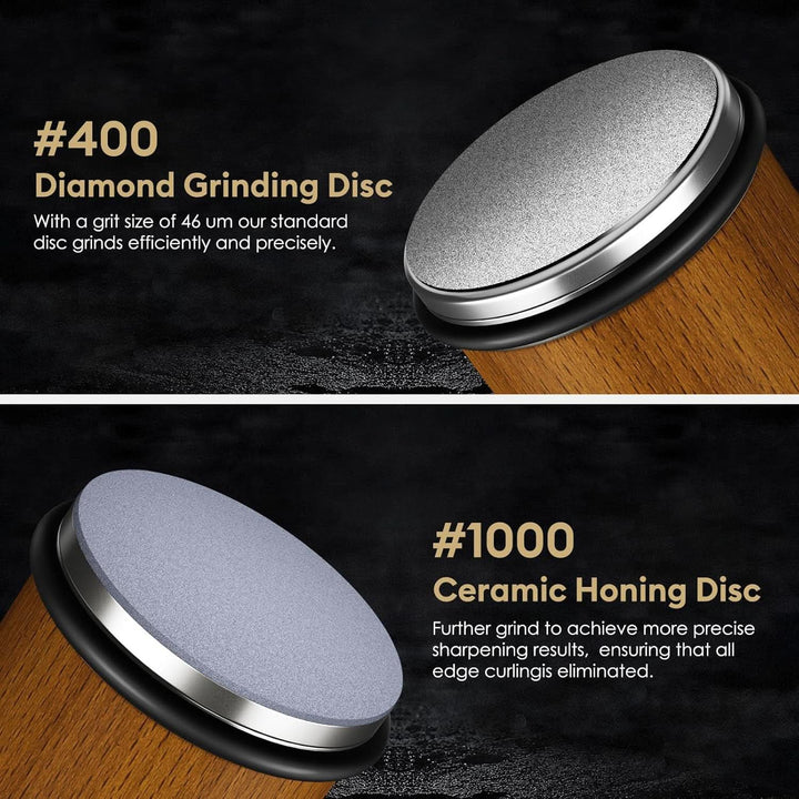 Close-ups of the gritty diamond grinding disc and the smoother ceramic honing disc on the wooden roller 9