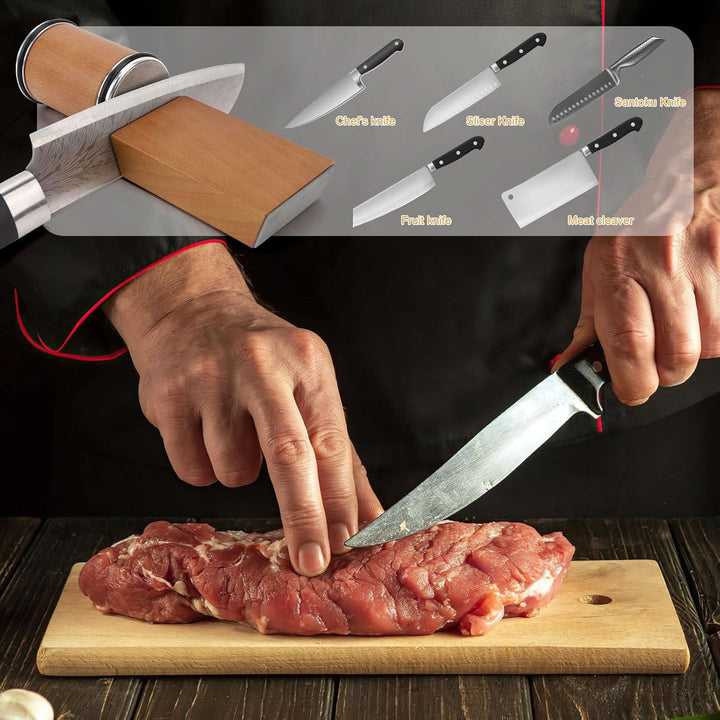 Sharpener at the top beside five knife types, above a chef slicing raw meat on a board 10