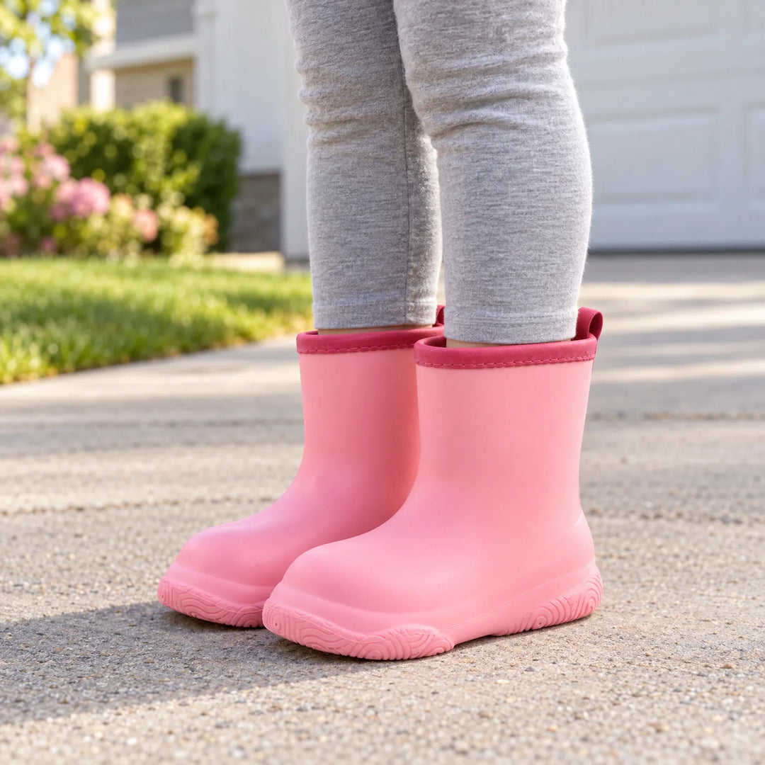 Child in gray leggings wearing pink pull-on rain boots with a darker pink collar, standing on a sunny driveway. 1