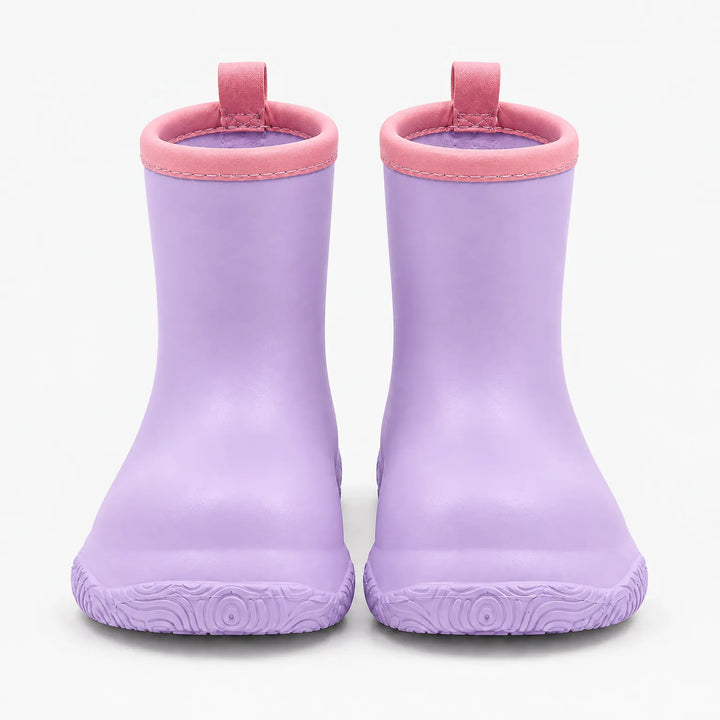 Front view of lilac rain boots with pink collars and pull loops, showing the swirl-patterned soles. 9