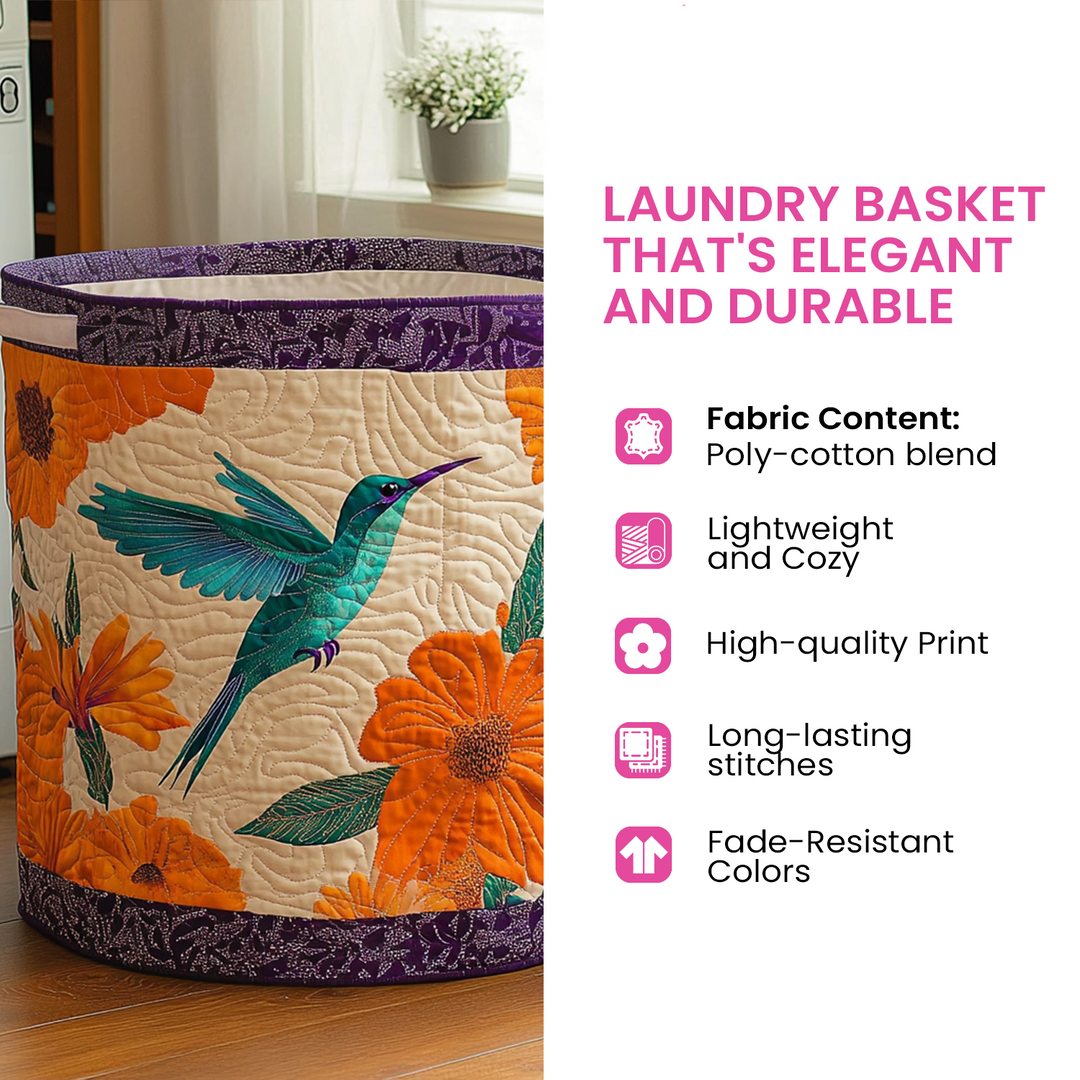 Quilted forest print basket with a hummingbird design, beside fabric and durability details.