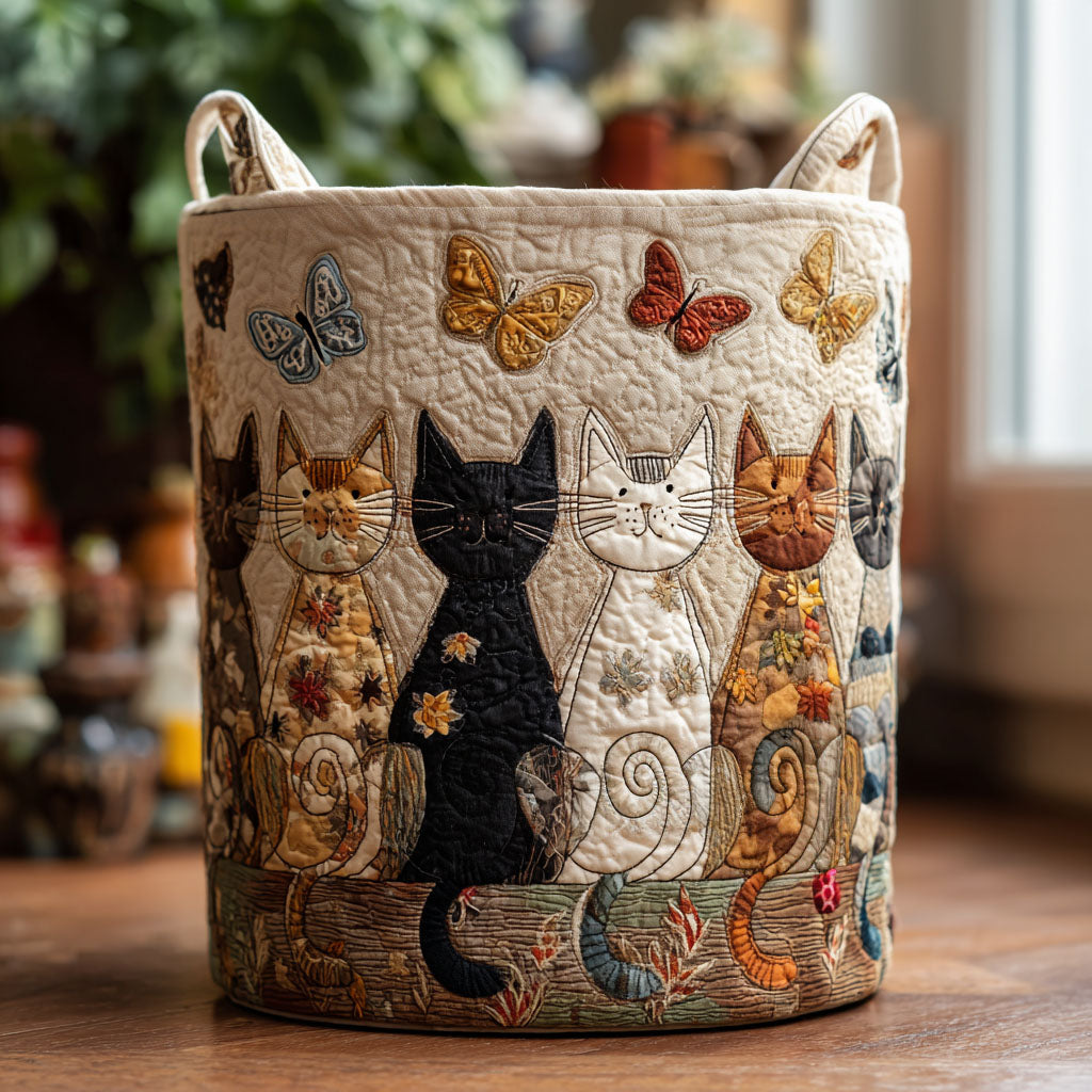 Quilted fabric laundry basket with two handles, cream with a graphic-print cat and butterfly design.
