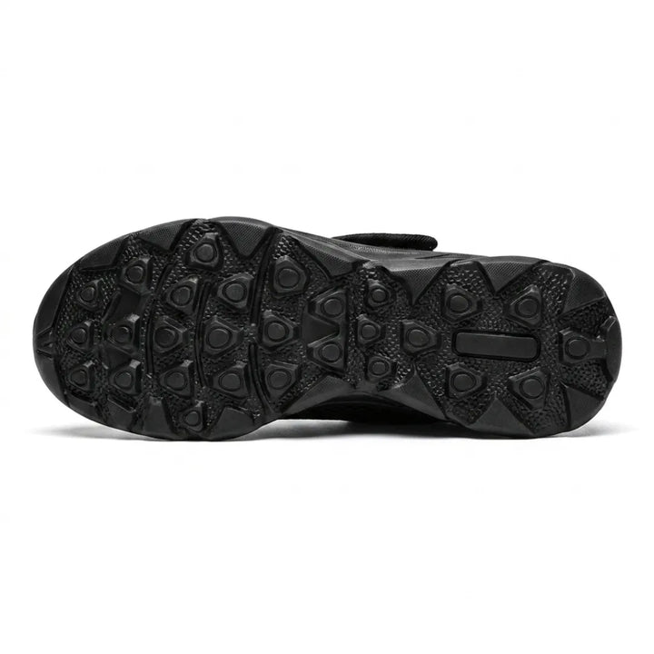 Underside of the black sole showing the pattern of rounded tread lugs for grip 18