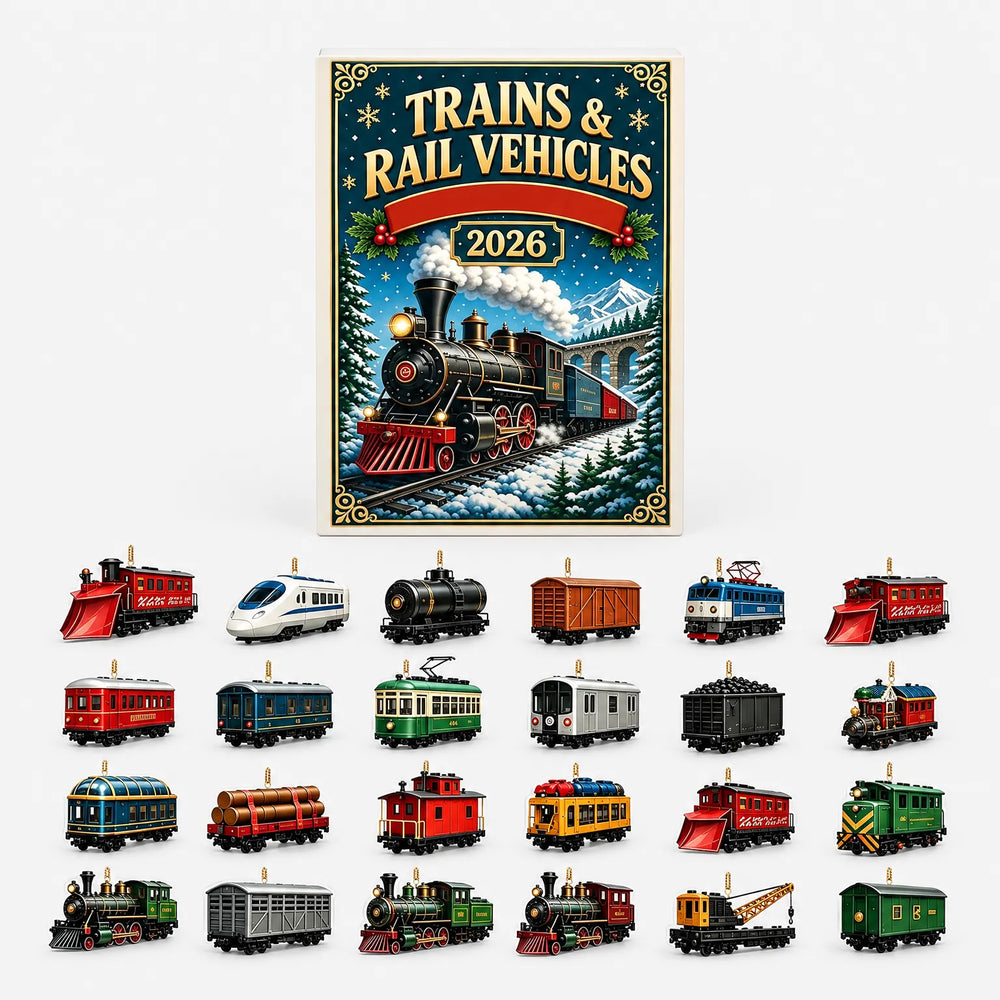 Closed advent calendar box with a vintage steam locomotive scene above all 24 train and rail vehicle ornaments laid out in rows. 2